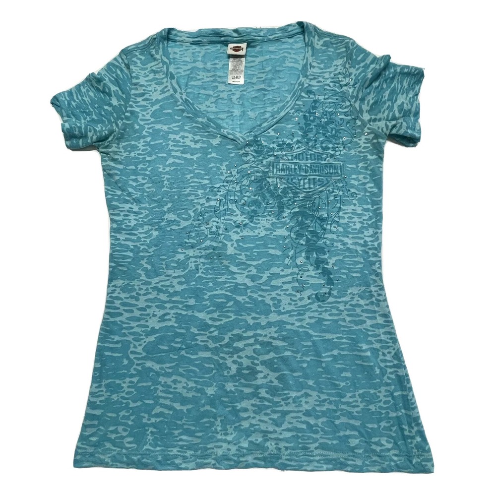 Harley-Davidson T-Shirt Womens Medium V-Neck Short Sleeve Sheer‎ Pikes Peak HD